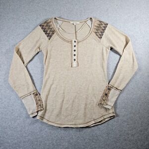 Miss Me Womens Y2k Preppy Boho Henley Neutral Sz S Long Sleeve Top
